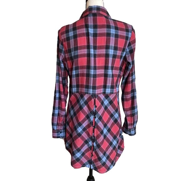 AVENTURA Plaid Tunic Top Shirt Blue Red Size M 100% Organic Cotton Long Sleeve - Picture 4 of 10